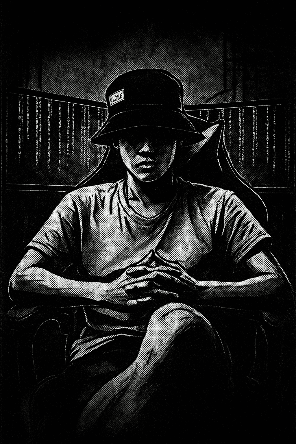 Pete seated—monochrome cyberpunk portrait